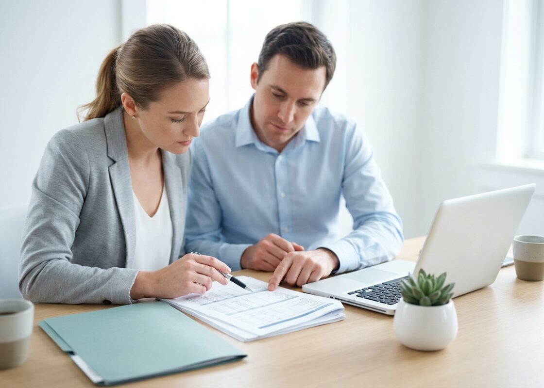 Two accounting professionals reviewing a printed financial statement together